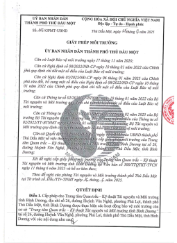 Giấy phép môi trường của Trung tâm Quan trắc - Kỹ thuật Tài nguyên và Môi trường tỉnh Bình Dương